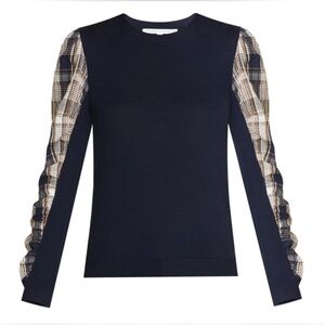 Veronica Beard Adler mixed media sweater, SZ M in Navy Plaid